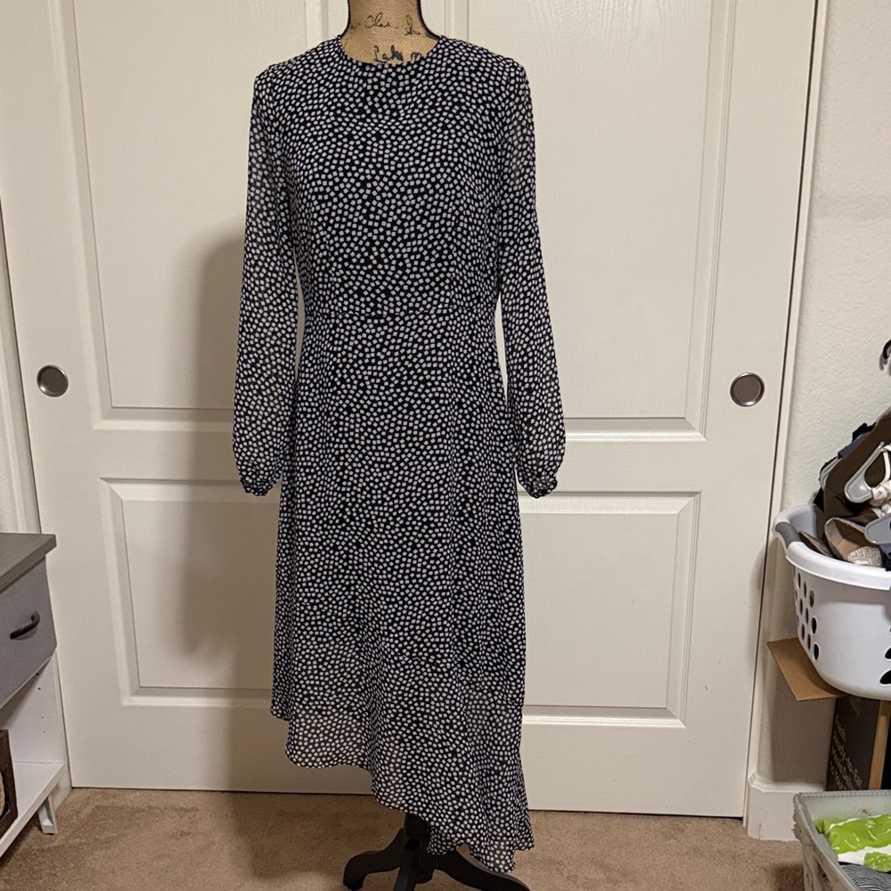 Who What Wear Navy and White Polka Dot Long Sleeve Midi Dress
